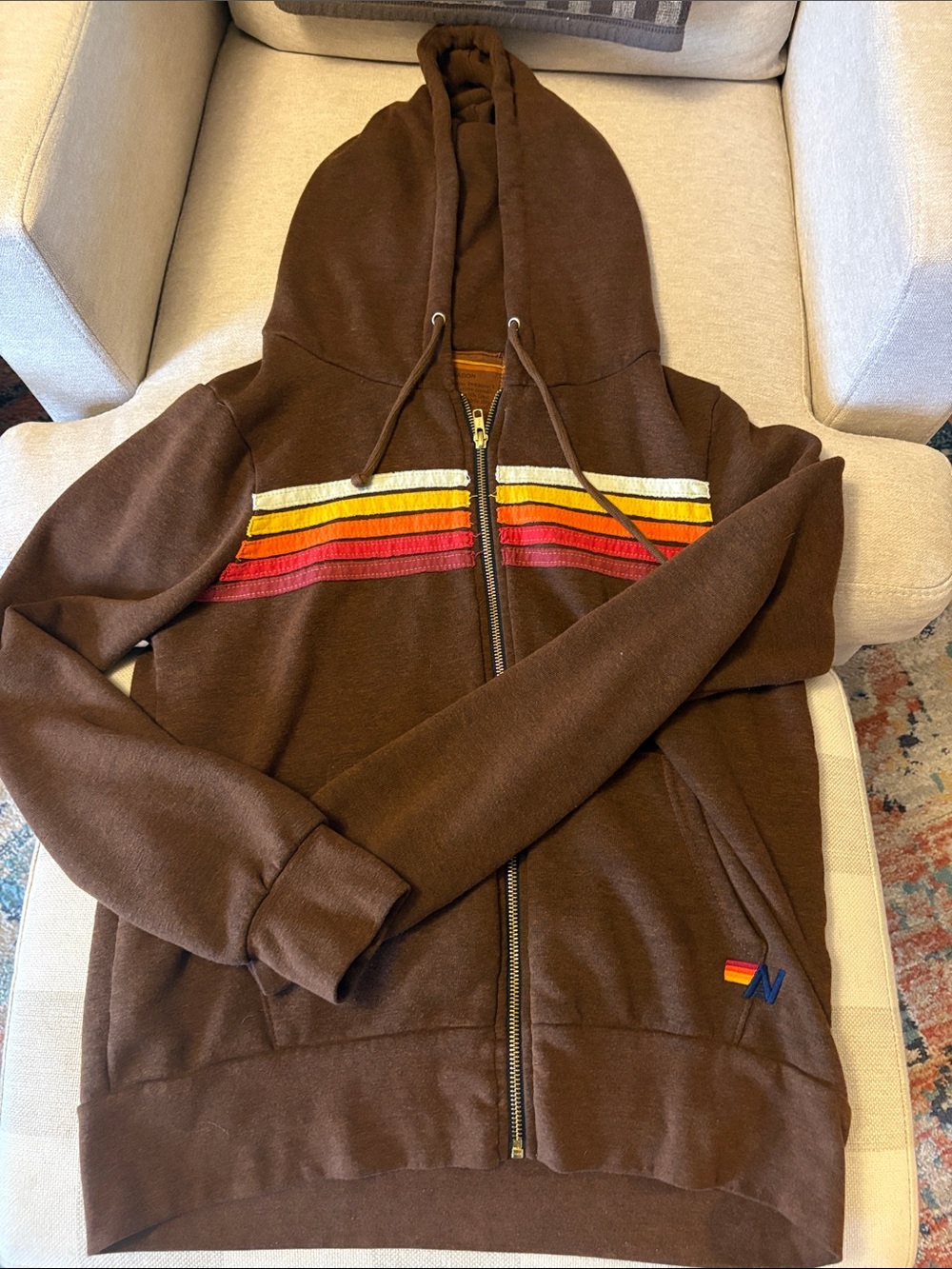 Aviator Nation Brown Zip-Up Hoodie with Retro Stripe Chest